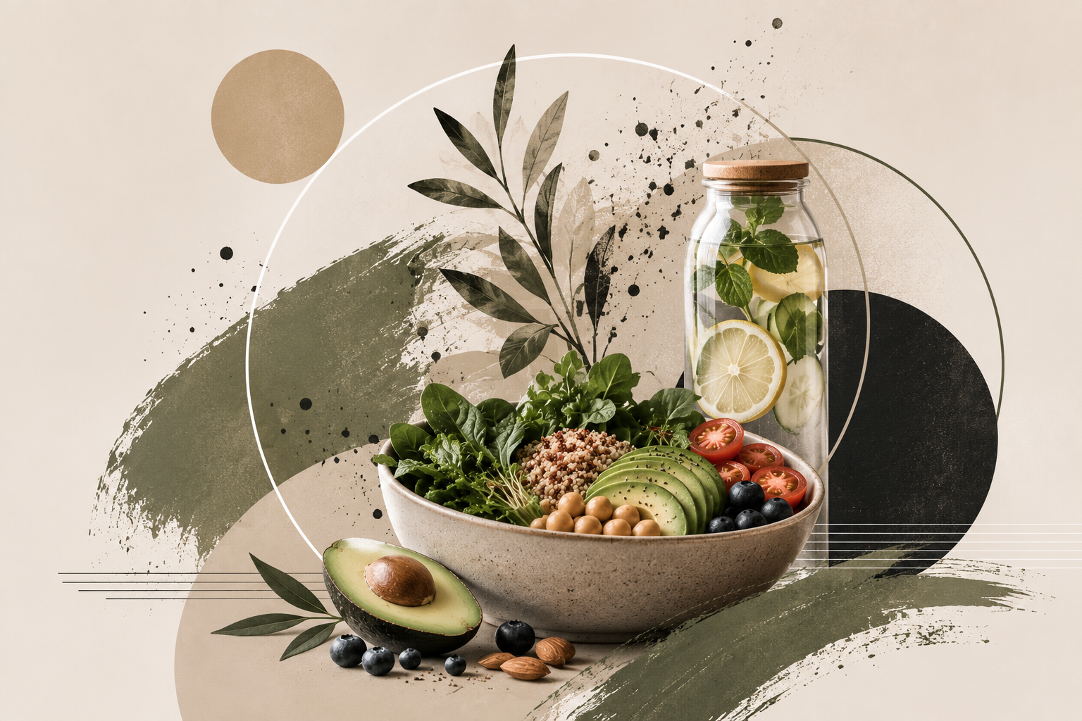 A ceramic bowl of greens, avocado, quinoa and berries beside a jar of infused water.